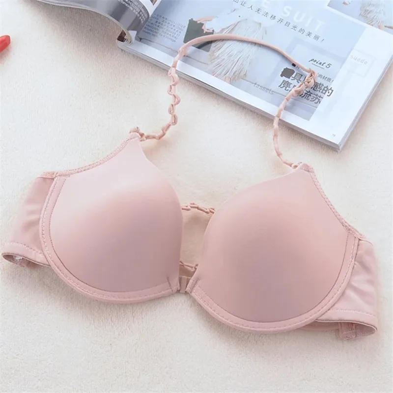 Fashion Solid Color Bra V-neck Smooth Comfortable Gathering Bra Push Up Lingerie Adjustable Women\'s Underwear Front Button Top