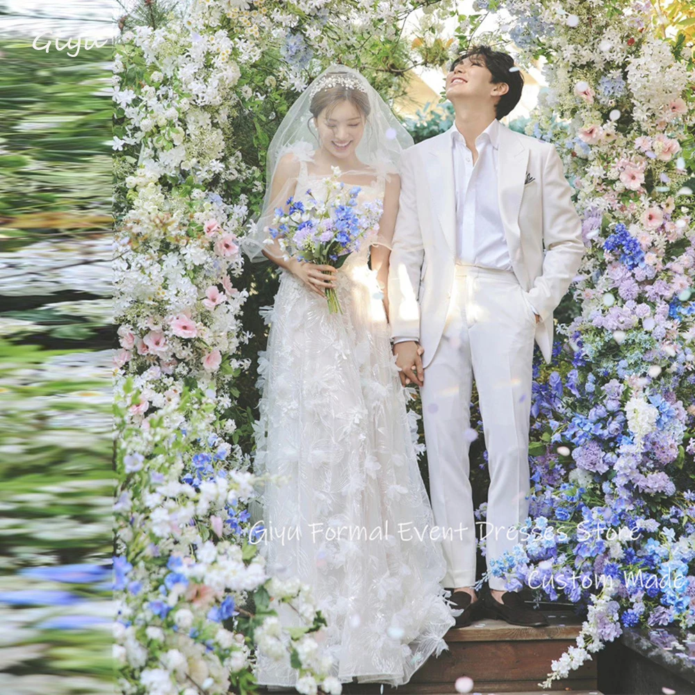 Giyu vestido de novia de encaje exquisito, línea A, Corea, sesión de fotos, correas de boda, hasta el suelo, vestido de novia, corsé, espalda, velo de matrimonio