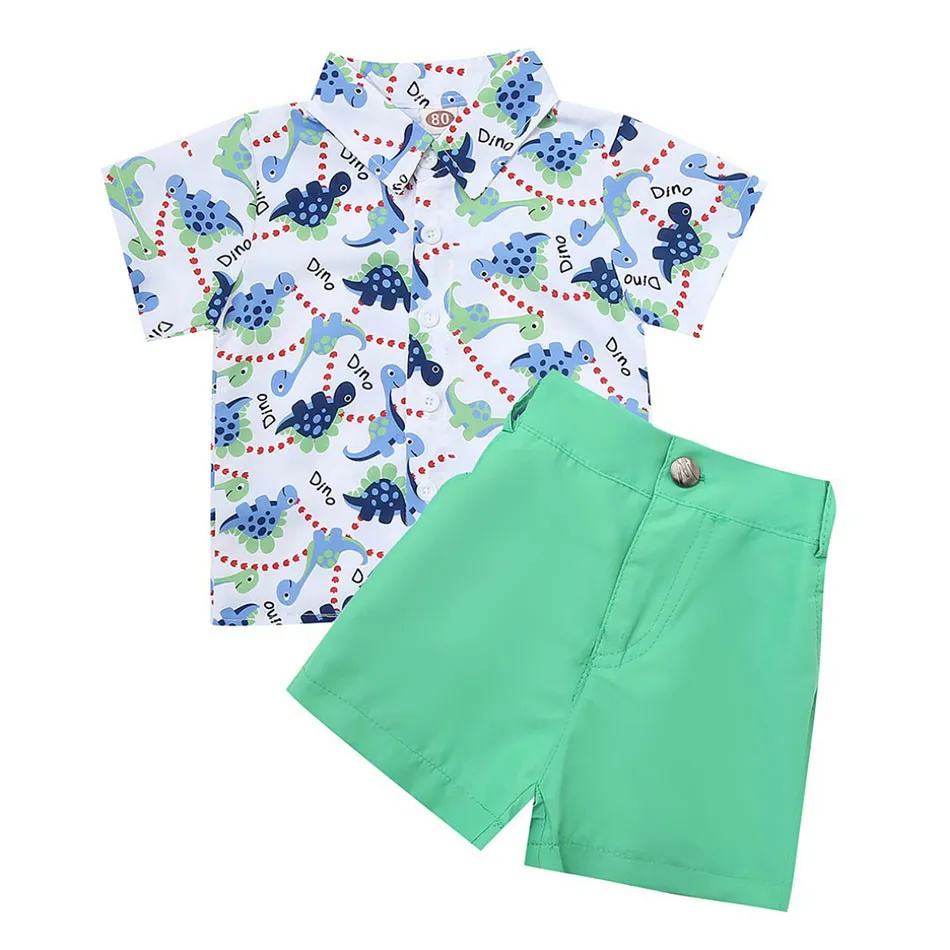 Boys Dinosaur Print Fashion Casual Short Sleeved Shirt Shorts Two Piece Set Children Cartoon Animal Short Sleeved Set 1-5Y