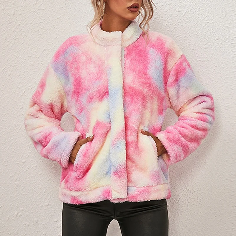 Tie Dye Hoodie Jacket Vintage Women Print Plush Jacket Korean Coat 2024 Long Sleeve Hooded Single-breast Oversized Streetwear