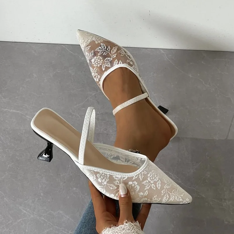 

Women Elegant Pointed Toe Mules Lace Mesh High Heels Slip on Slippers Summer Party Wedding Breathable Floral Dress Shoes 2026