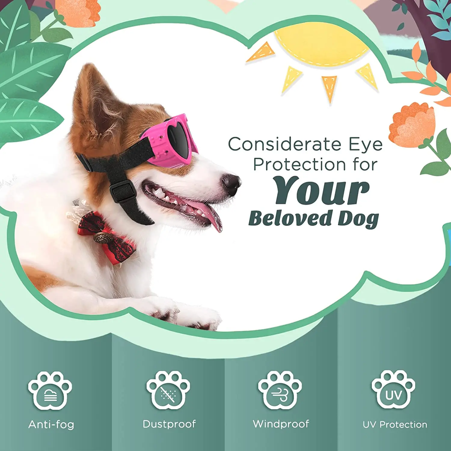 ATUBAN Small Dog Sunglasses UV Protection Goggles Eye Wear Protection with Adjustable Strap Doggy Heart Shape Anti-Fog Sunglasse