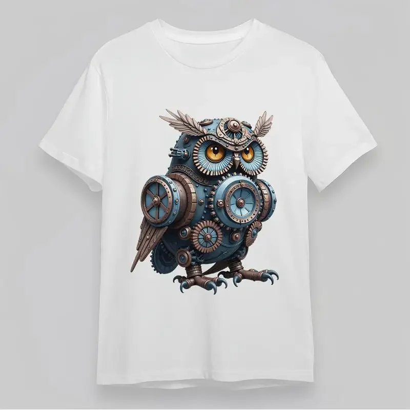 Men'S T Shirt Steampunk Owl Amber Eyes Blue Bronze Cotton Breathable White