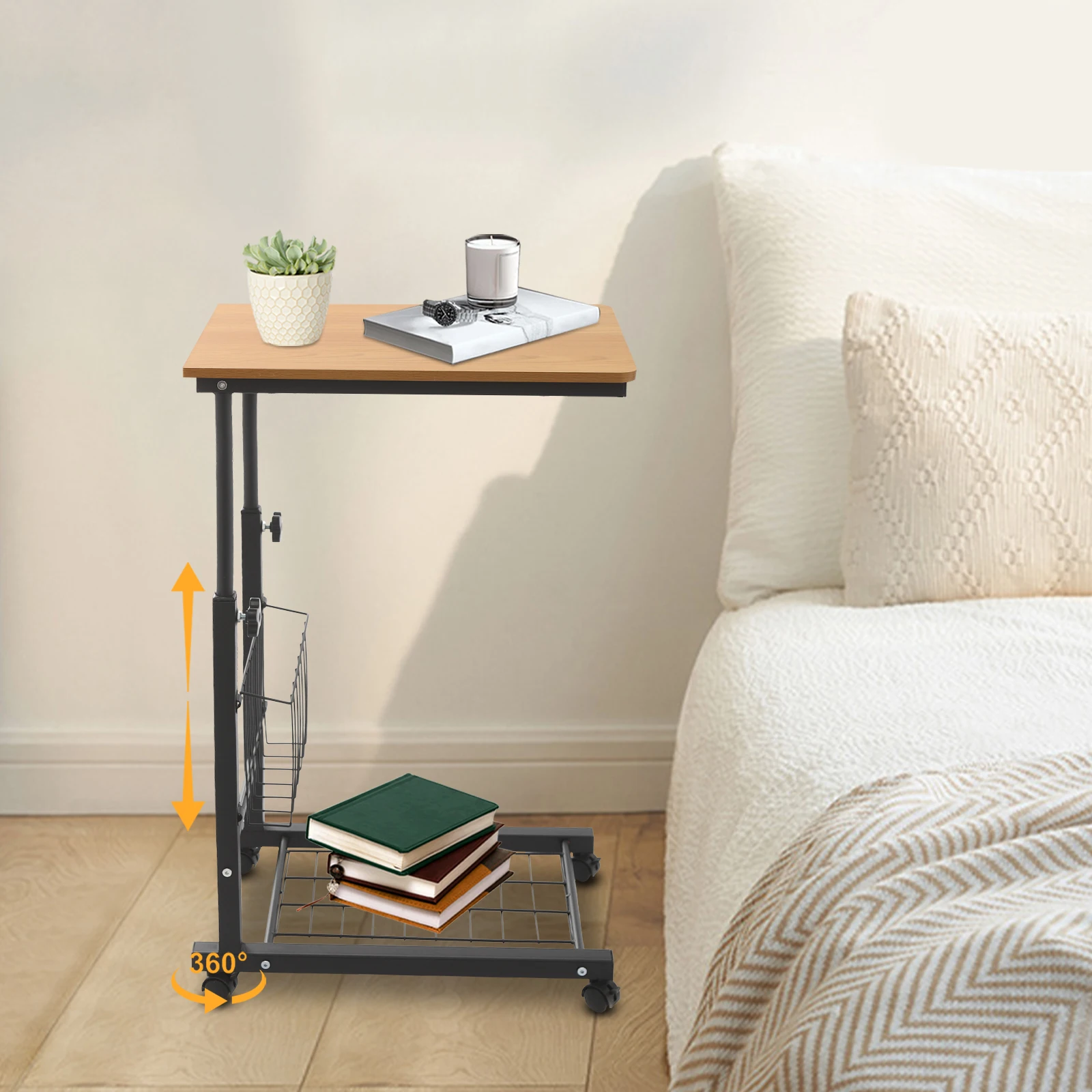 Adjustable Bed Side Table Side Table with Wheels Mobile Standalone Table