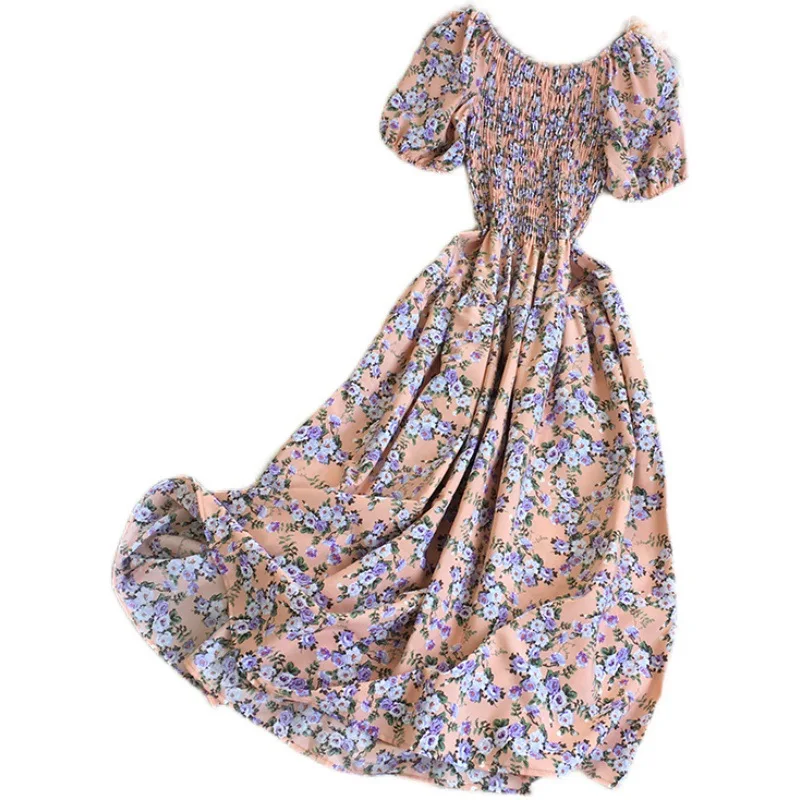 new Women\'s Clothing Dresses Gentle floral summer 2024 new French retro square neckline bubble sleeve straight neck long skirt