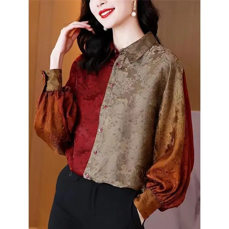 Ropa de mujer Vintage elegante Jacquard empalmado camisa otoño nueva mujer botón cuello vuelto moda Color a juego blusa