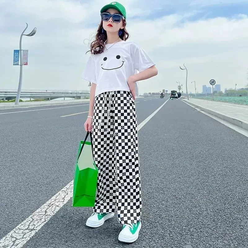 2023 summer Girl Baby Clothes smile shorts T shirt Tops + teenager loose pants 2pcs Outfits 5 7 8 9 6 10 12 13 14 Years