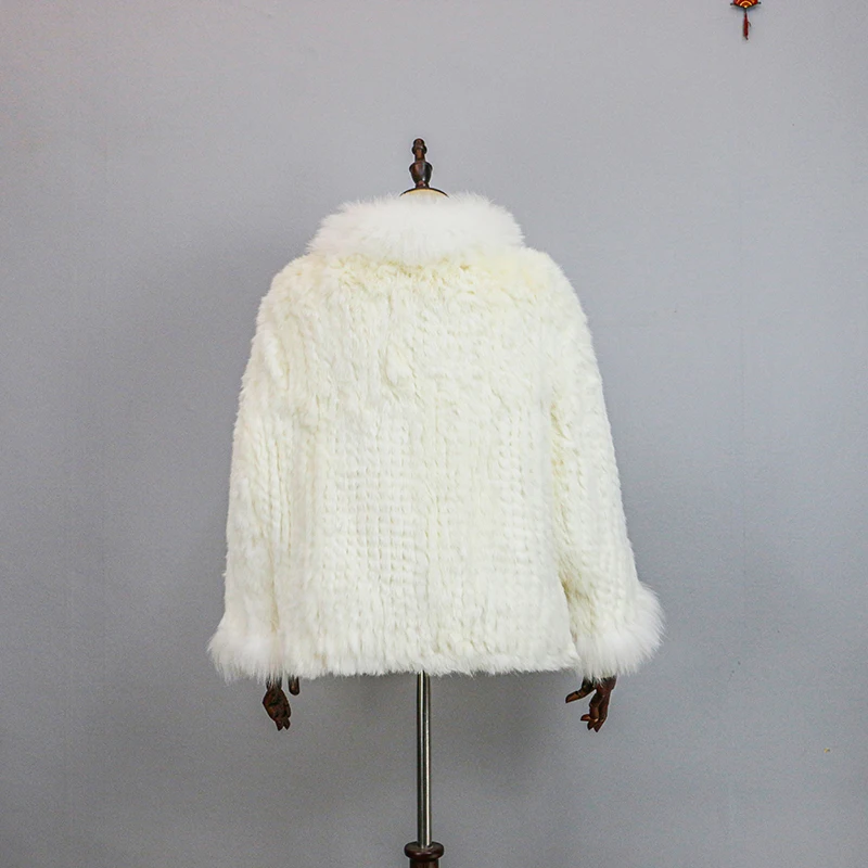 New Extra Long Real Genuine Natural Knitted Rabbit Fur Shawl Coat with Fox Fur Collar Women's Fashion Knit Jacket Cape