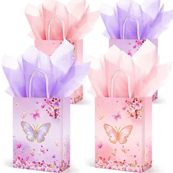 24PCS Butterfly Gift Bags Pink Purple Flowers Paper Bags for Girl Butterfly Theme Birthday Party favors, Baby Shower Decorations