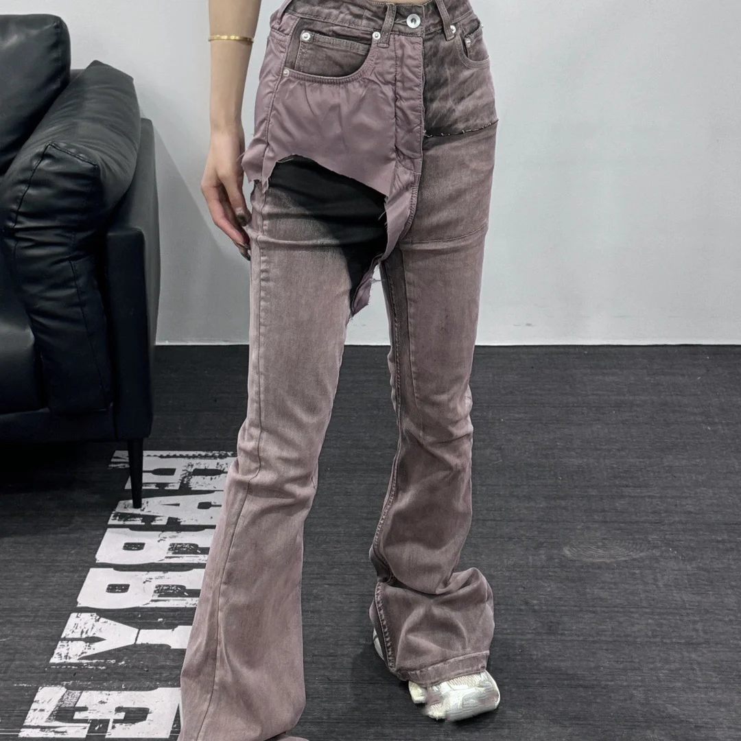 

24ss New Rick Women Bell-bottomed Pants High Street Long Pants Women Patchwork Design Jeans