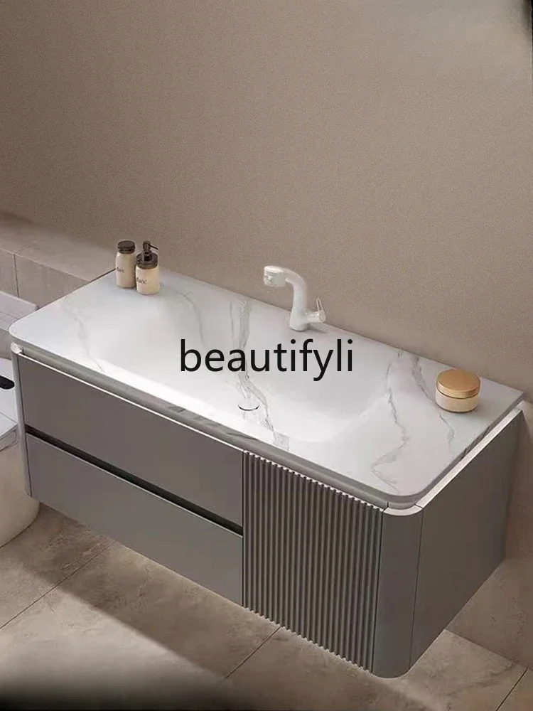 

Customized rock slab hot bending integrated basin countertop seamless bathroom cabinet washbasin washstand