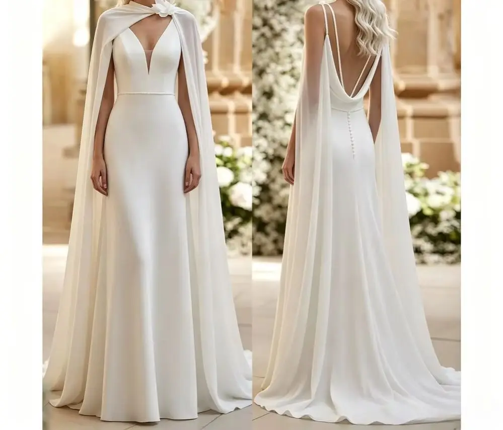 Customized Elegant White Deep V-Wedding Dresses Shawl and Flower Details 2026 Minimally Satin Bridal Dress Suitable for Parties