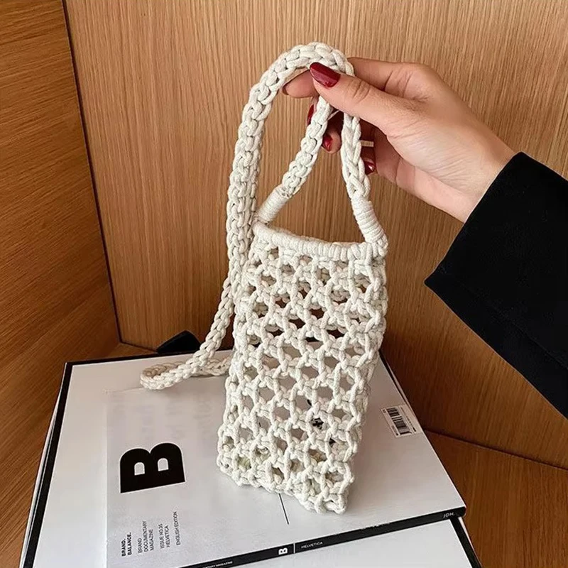 Women Fashion Small Crossbody Phone Bag Solid Color Hollow-out Woven Crochet Lightweight Braided Shoulder Handbag