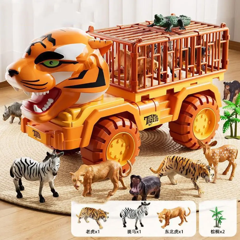 Veículo de transporte de tigre simulado de plástico com figuras de animais deslizantes puxar para trás caminhão brinquedos carro quebra-cabeça de tamanho grande