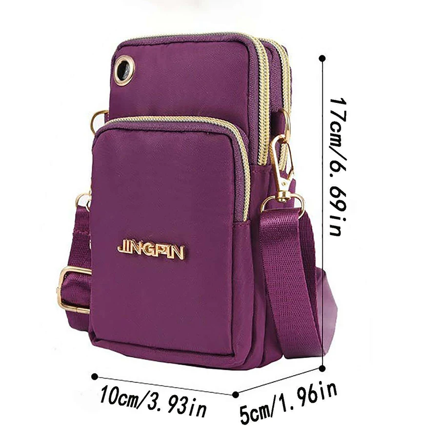 A unisex, three-compartment zippered bag that can be worn around the neck, on the wrist, or as a vertical crossbody bag