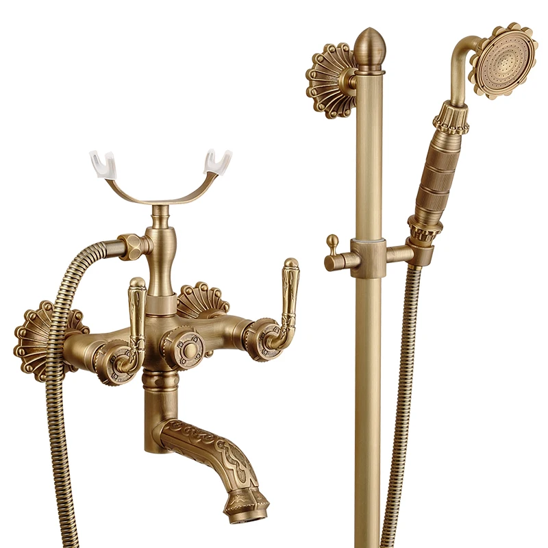 Retro Bathroom Bathtub Faucet Wall Mounted Hand-operated Showerhead Antique Brass Simple Showerhead Set for Bathing