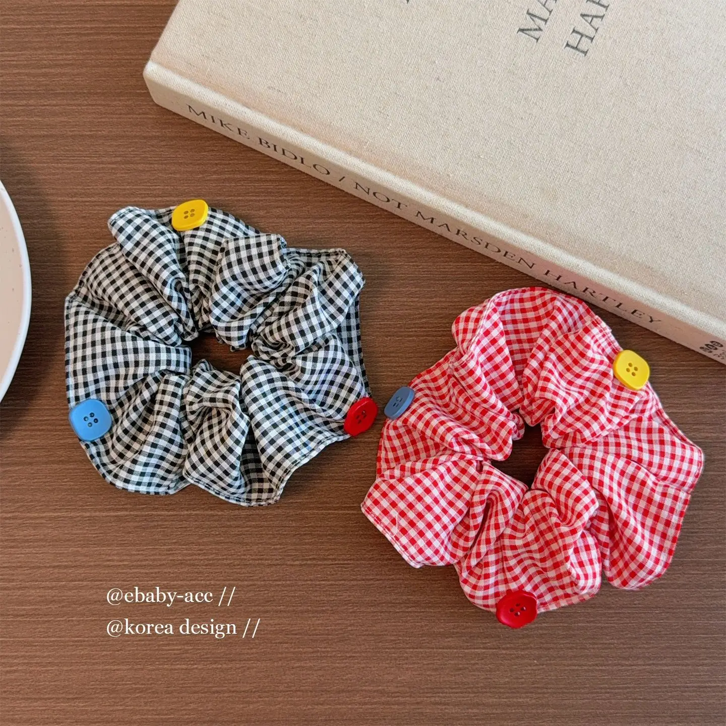 Hair Ties Girls Flower Scrunchie Ponytail Bun Elastic Band Plaid Button Premium Soft Fabric Lightweight Sweet Daily Party Travel