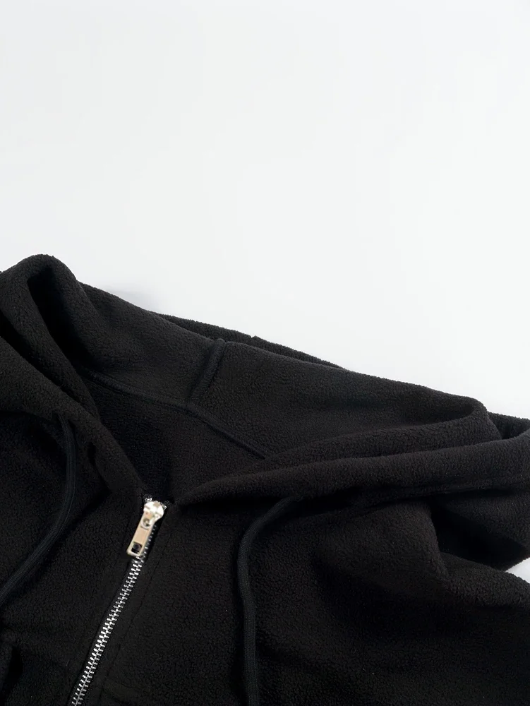 Vestes à capuche pour femmes, grande taille, décontractées, tendance, cordon de serrage, manches longues, poches, manteau zippé, automne hiver, couleur unie, polaire