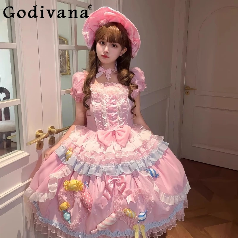 

Original Sweet Girls Lolita Short Sleeve Dress OP New Japanese Cute Bow Candy Kawaii Princess Dress Loli Lo Birthday Party Dress