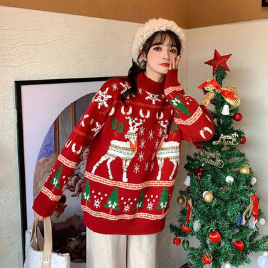 

Women's Christmas Elk Red Knitwear Winter Thickened Loose Outer Pullover Fashionable Casual Style for