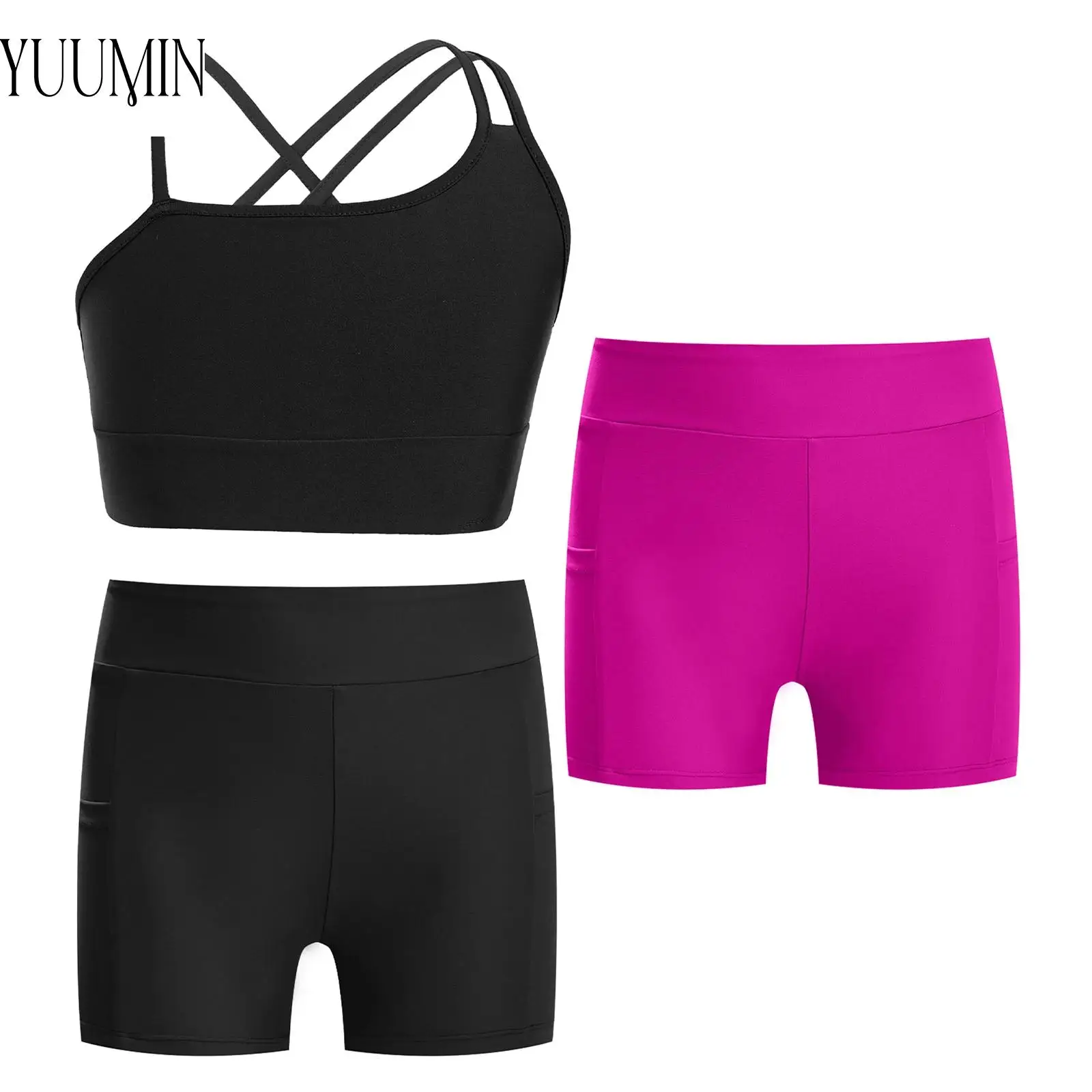 

Kids Girl Sports Set Asymmetrical Spaghetti Straps Sleeveless Crop Vest with High Waist Tennis Shorts for Gymnastics Yoga Sets