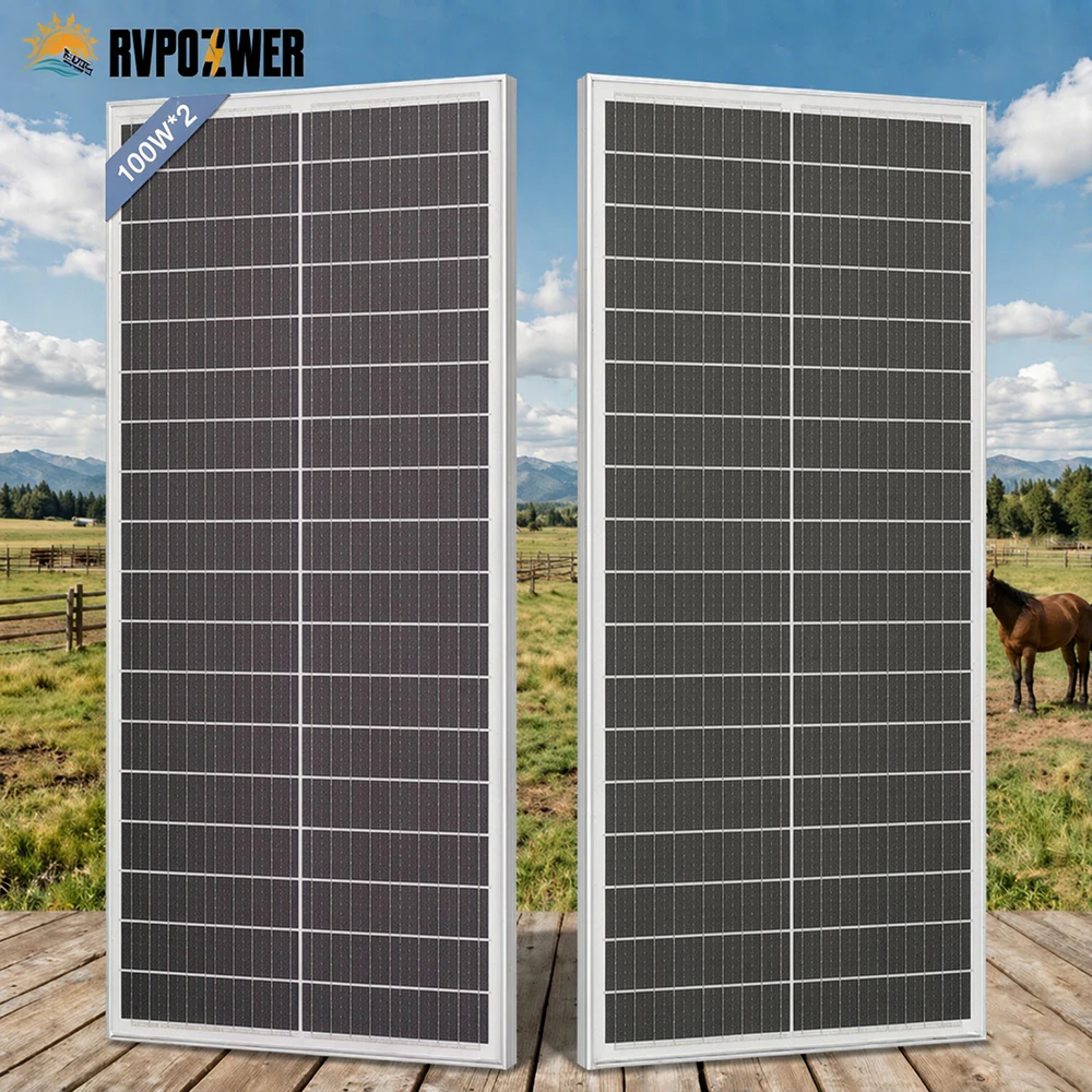 RVPOZWER 2Pcs 100W Rigid Solar Panels 18BB N-Type Mono Cells 25% High-Efficiency PV Power for Home Rooftop Camping Off Grid