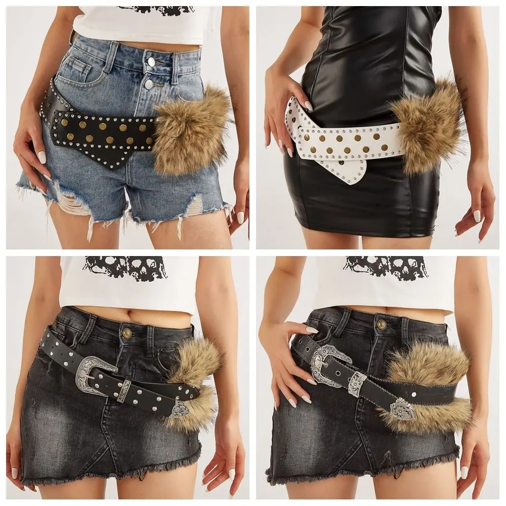 Vintage Retro Leather Fur Belt Wide Rivet Punk Style Belt Western Style Y2K Waistband Pants Accessories