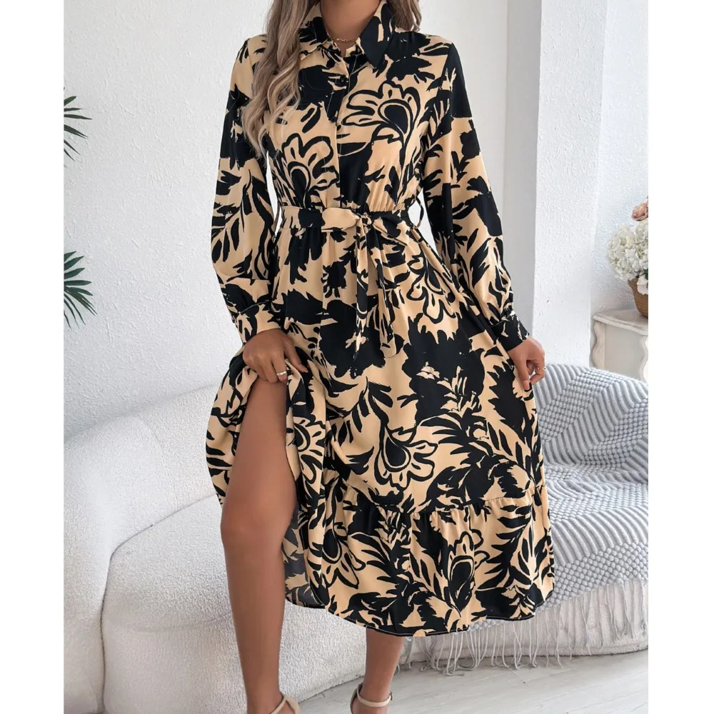 オフィスレディー エレガント レースアップ ラペル シャツワンピース 春夏 2025 カジュアル 花柄 長袖 蓮の葉 ワンピース レディース ドレス