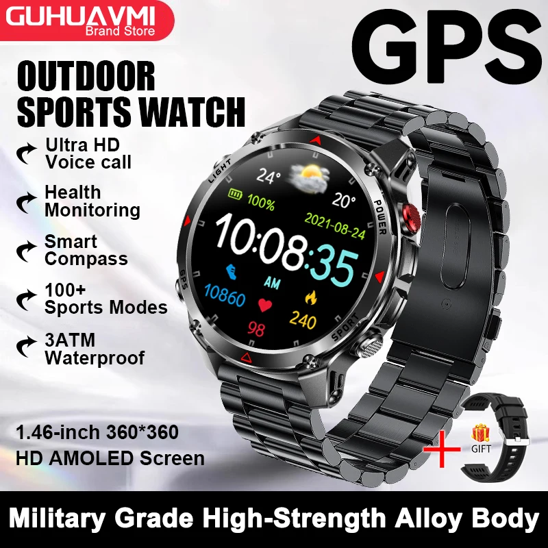 2025 New Military Bluetooth Call Smart Watch Built-in GPS Compass Barometric Altimeter 10ATM Waterproof Sports Smartwatches Men
