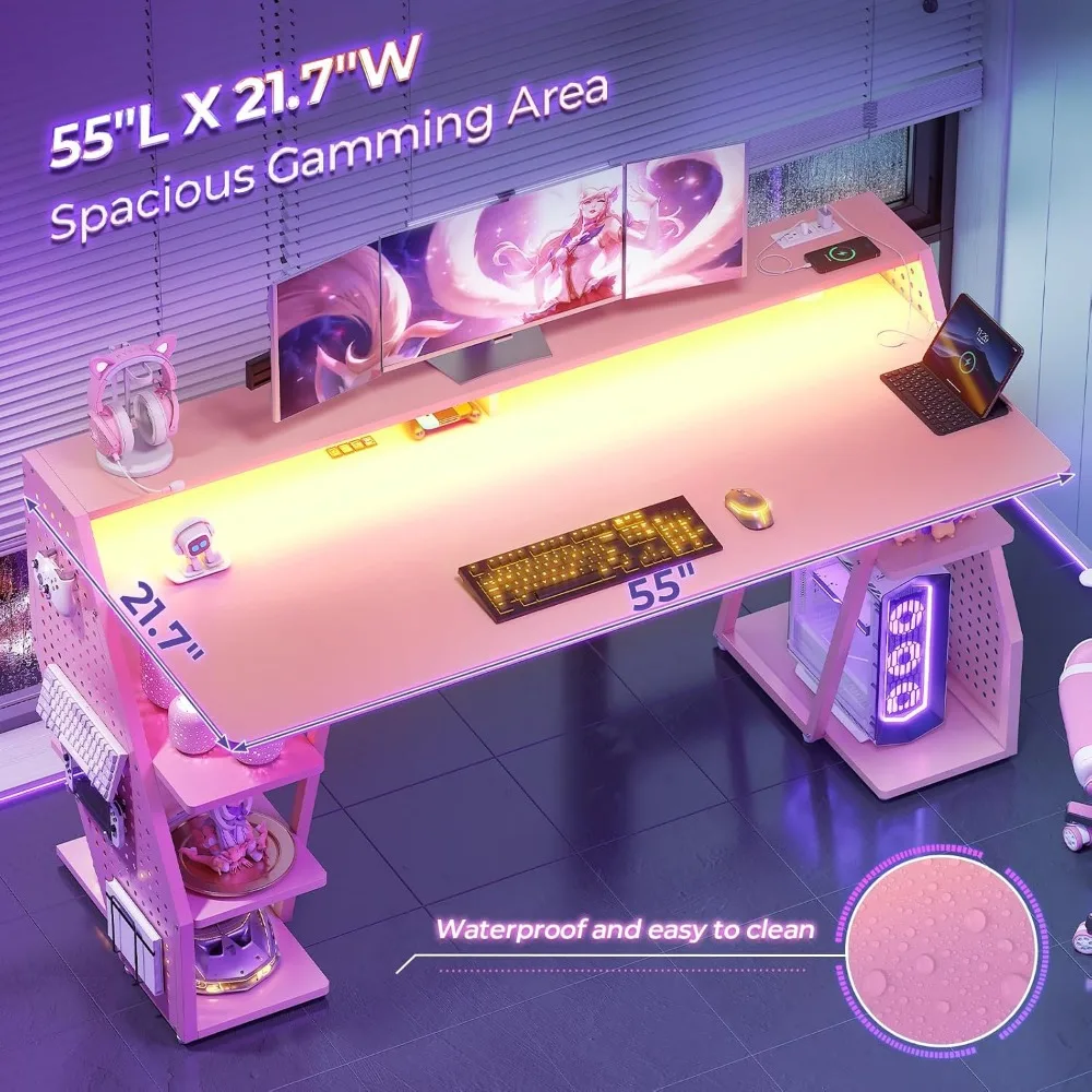 Gaming Desk 55'' with LED Lights and Storage Shelves, Computer Desk with Monitor Stand, Power Outlets and Pegboard, Large PC Ga