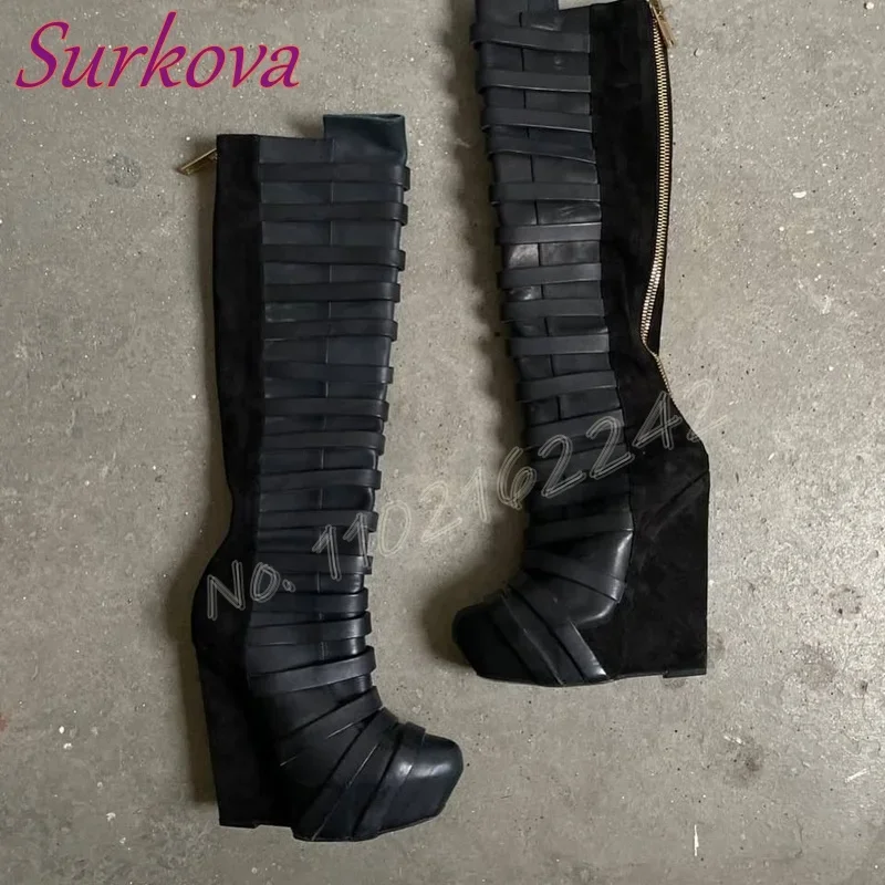 

Женские замшевые ботинки на танкетке с круглым носком, толстая подошва, молния сзади, черные сапоги до колена, сексуальные осенние современные сапоги для поездок на работу