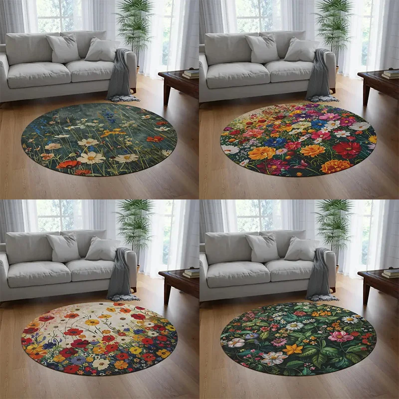 

Tropical Round Rug Meadow Flowers Living Room Art Decorative Mom Kitchen Floral Round Welcome Mat