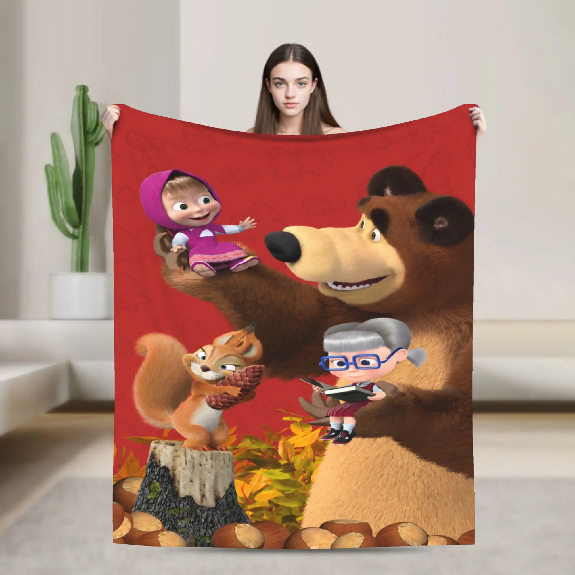 M-Mashas and B-Bears Red Scene Blanket Quality Super Warm  Throw Blanket Winter Child Couch Chair Sofa Bed Funny Bedspread
