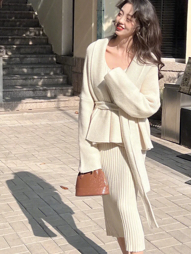 New Autumn Winter Knitted Dress Sets Women Korean Fashion Long Sleeve Cardigan Coat + Bodycon Sling Dresses Two Piece Set Suits