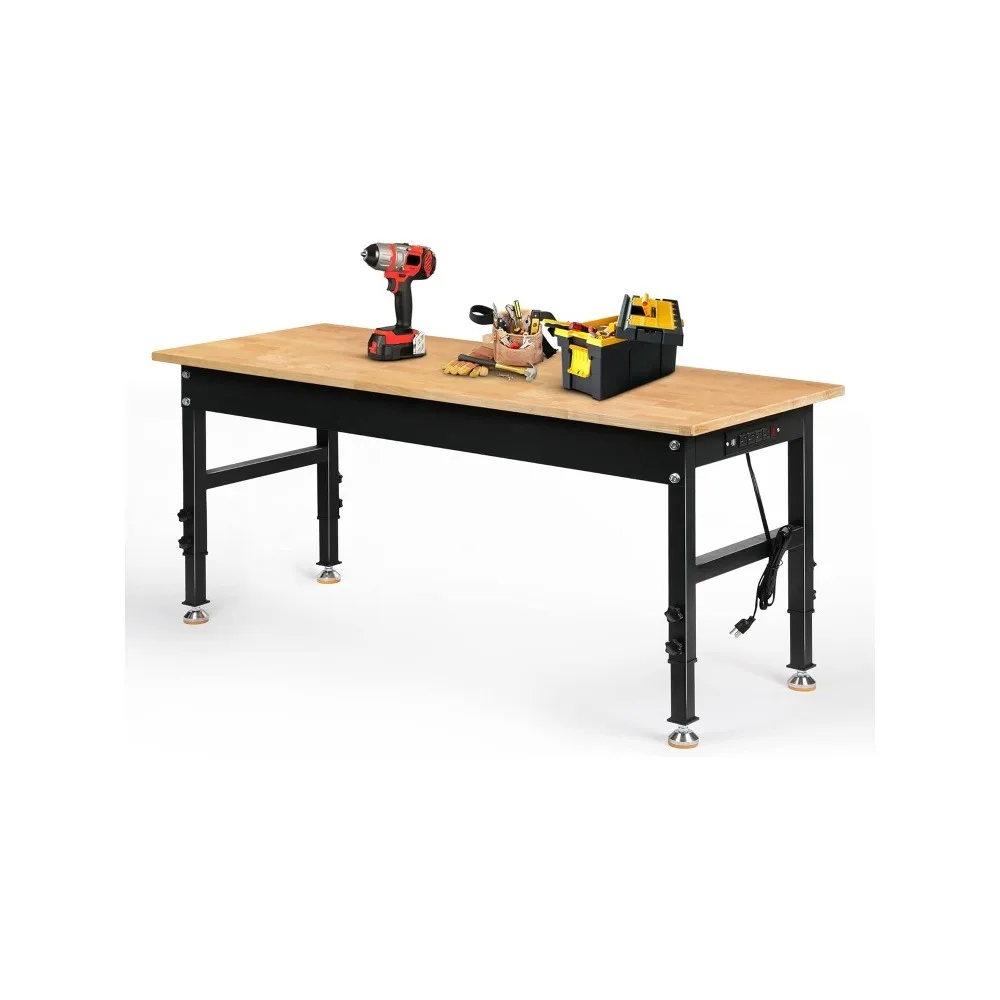 

60" Rubber Wood Top Heavy Duty Workstation with Power Outlets, 2000 LBS Load Capacity Hardwood Work