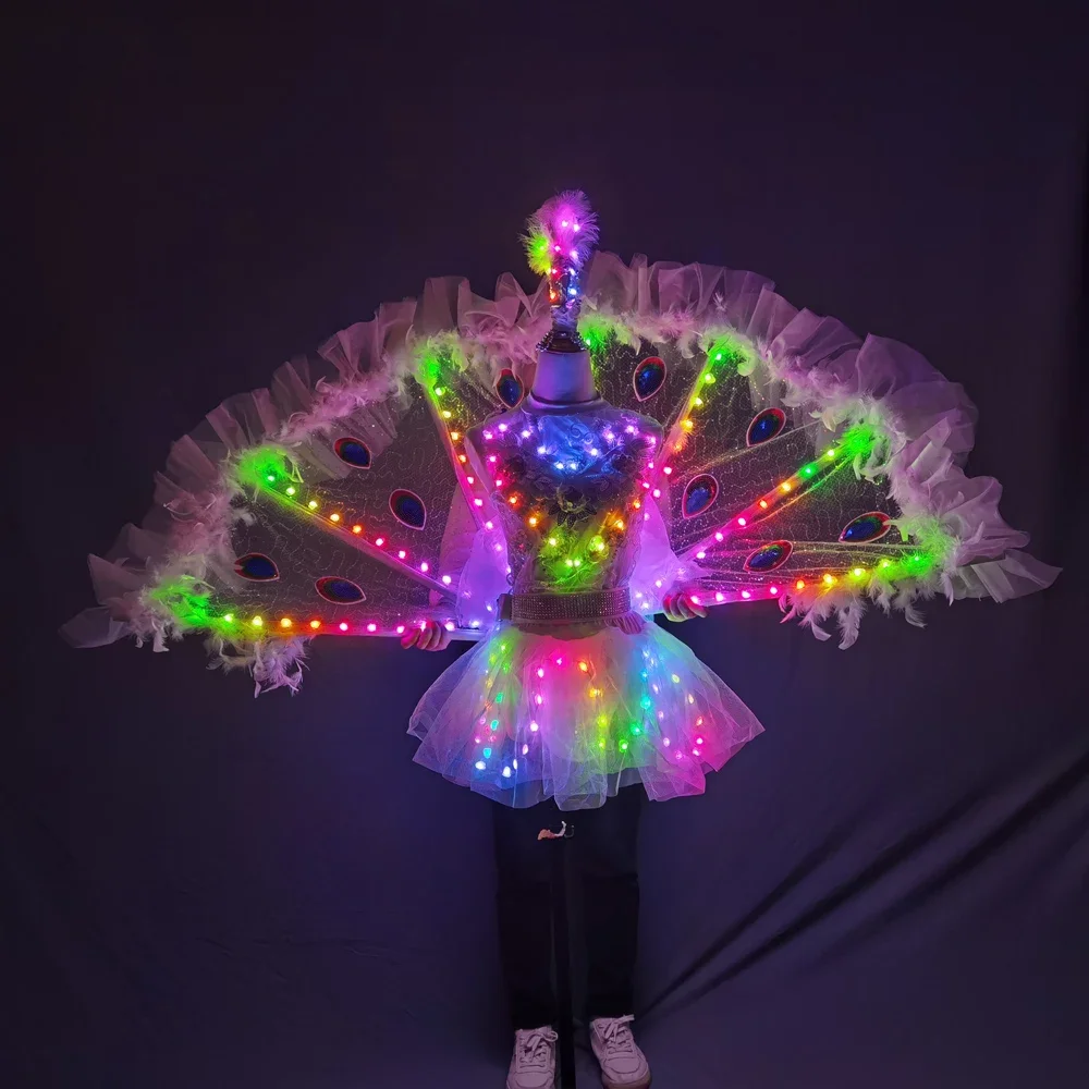 Women Girls Full-Color LED Peacock Wings LED Dance Party Stage Performance Ballet Skirt for Nightclub Catwalk Model or Wedding