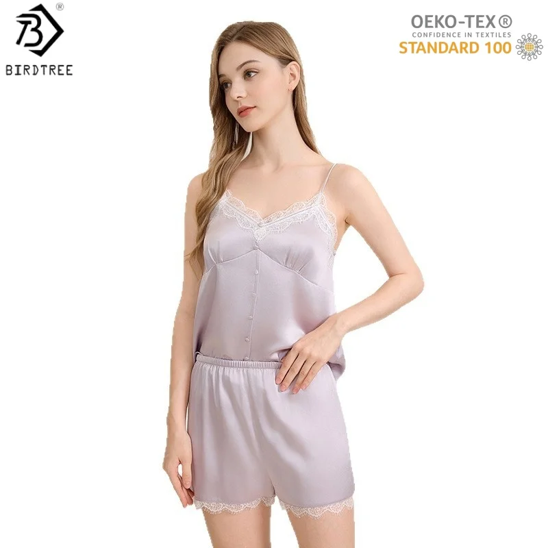 BirdTree,OEKO-TEX,100%  Silk Pajamas Set,Women's Sling Tops With Padded,Lace Shorts Sleep Clothes,2025 New P5D024JF