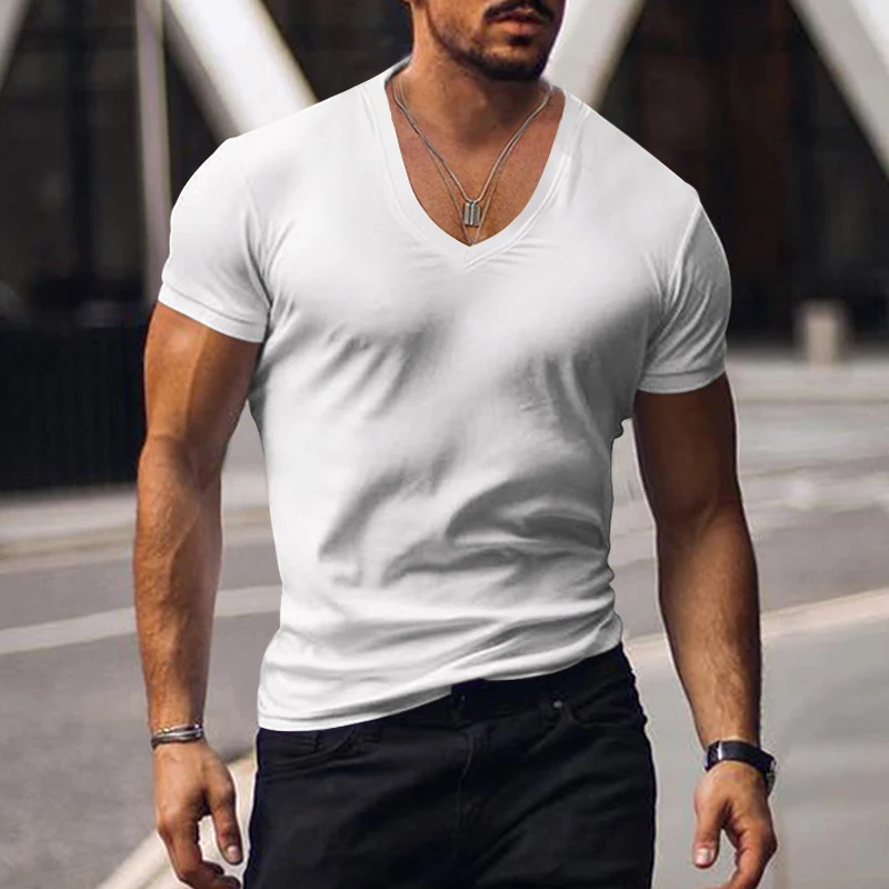 2023 men\'s T-shirt cross-border clothing European and American foreign trade men\'s V-neck solid color casual short sleeved T-shi