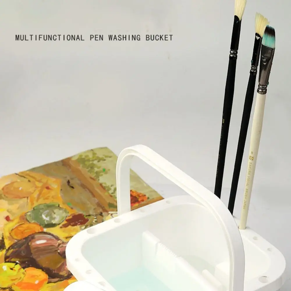 Portable Double Grid Paint Brush Washer Square Handheld Type Brush Washing Bucket PP with Palette Brush Cleaning Tool Art