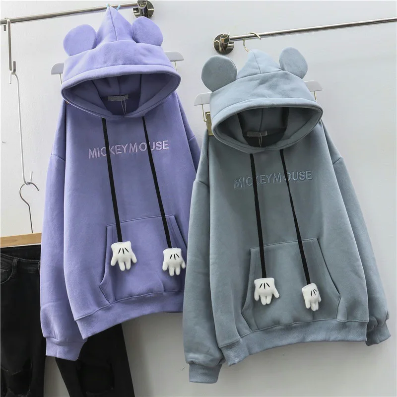 Women Autumn Winter Fleece Embroidery Letter Hoodies Girls Kawaii Loose Pullovers Sweatshirt Full-sleeve Cartoon Bear Hooded Top