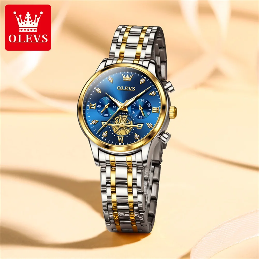 OLEVS 2897 Original Chronograph Women's Watches Flywheel Design Diamond Scale Waterproof Luminous Auto Date Quartz Wrist Watch