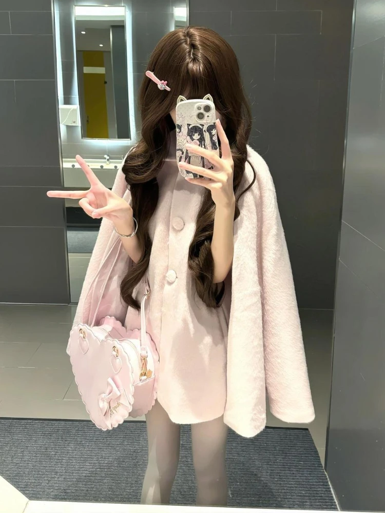 

Sweet Warm Pink Lapel Bow Shawl Coat Women Japanese Kawaii Loose Single-breasted Woolen Coat Design Lovable Elegant Cape Outfits