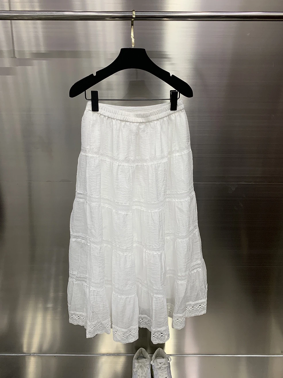 

Sweet Lace Trim Splice Hierarchy White f Skirt Korean Sle Long Skirt f Skirt Commute High Waist A-Line Cotton Women's...