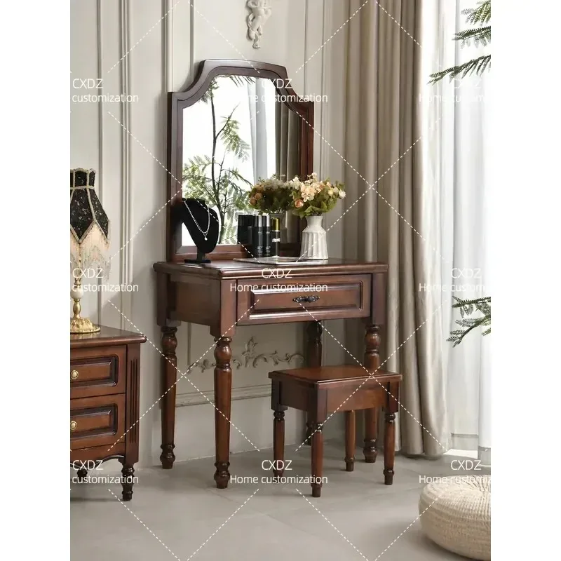 American Country Retro Solid Wood Dresser with Mirror and Stool Simple Light Luxury Bedroom Makeup Table High End Home
