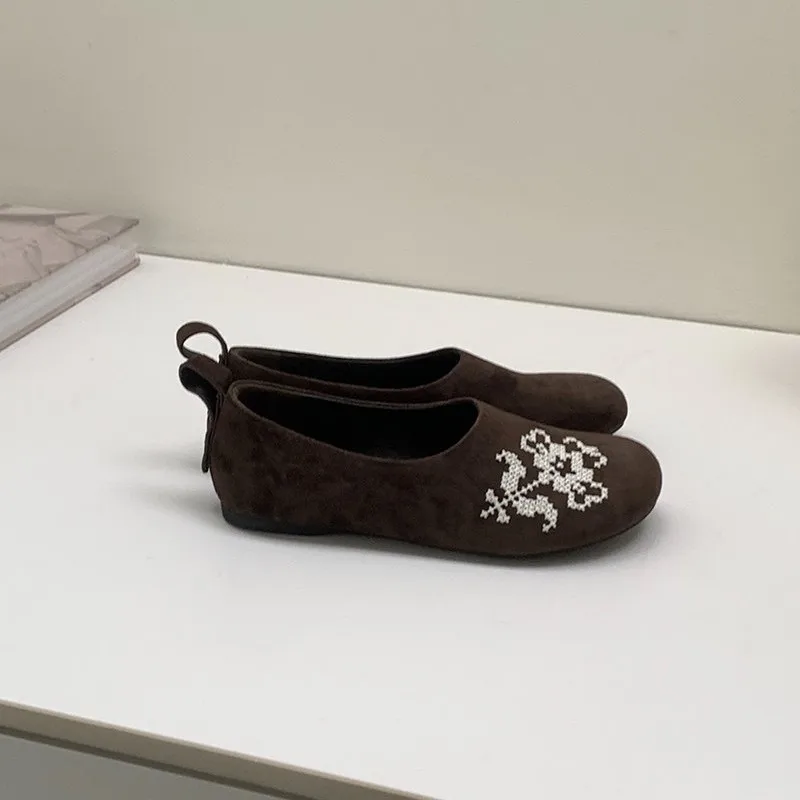 Women Spring New Slip On Loafers Retro Round Toe Flat Shoes Crochet Decor Breathable Grandma Style Casual Daily Walking Footwear