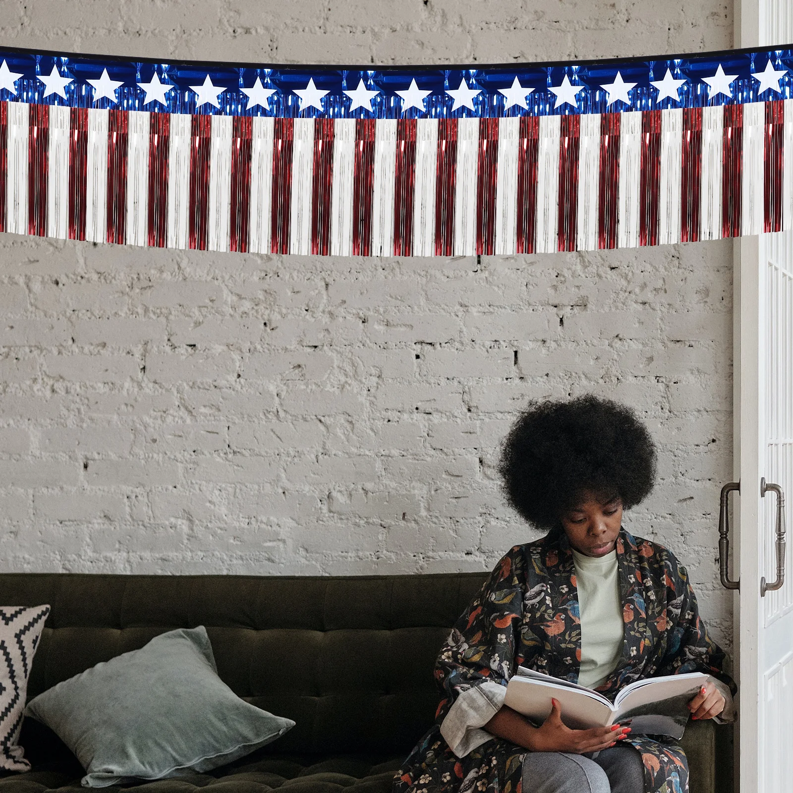 

Independence Day Flag Theme Banner Metallic Tinsel Curtain Easy Install Indoor Outdoor Patriotic 4th of July Party Decoration