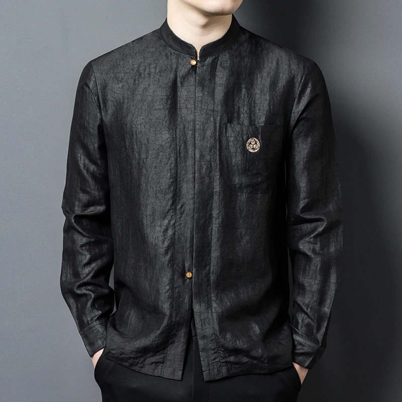 

Covered Button Silk Shirts For Men Long Sleeve Lighweight Pocket Summer Quality Gambiered Canton Gauze Fashion Camisas De Hombre