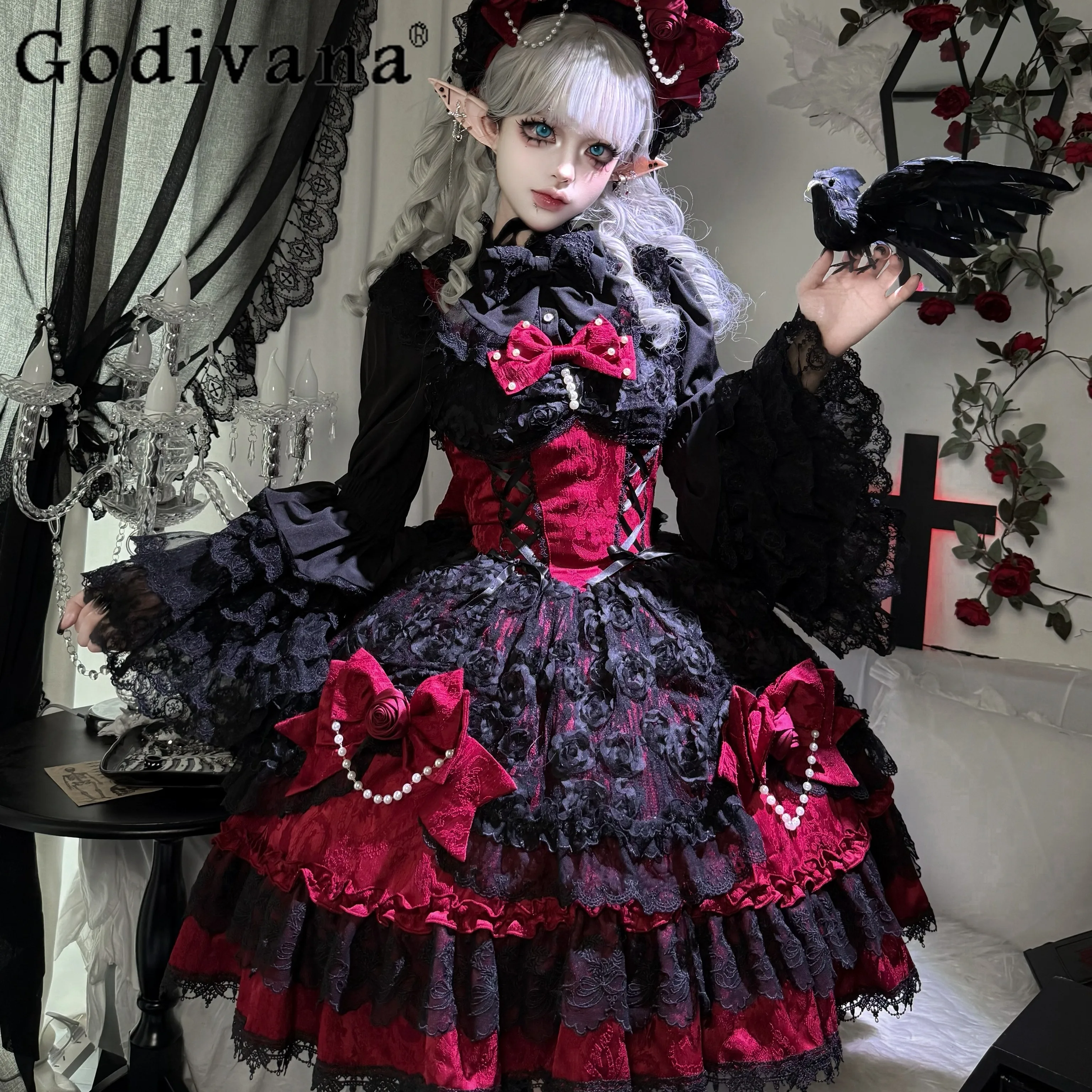 

Halloween Cos Red Gothic Dark Lolita Style Dress Girls Women's Sweet High Waist Slim Elegant Vintage Sling Dress JSK Vestidos