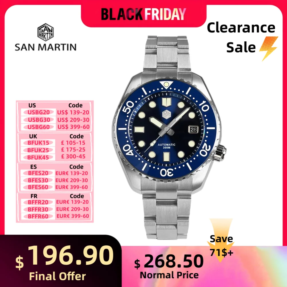 San Martin Diver MM300 NH35 Automatic Men Mechanical Watches Luxury Sapphire Ceramic Bezel 30Bar Waterproof Luminous Date SN0086