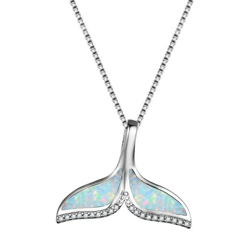 Fashion Silver/Rose Gold Simulated Opal Whale Tail Pendant Necklace Wedding Jewelry